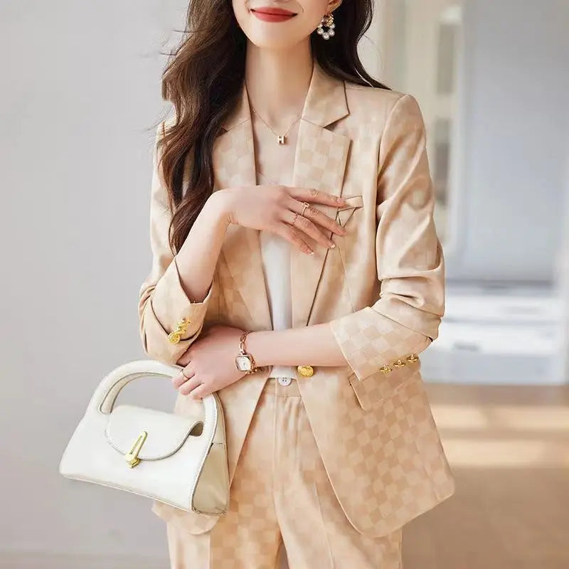 Women's Spring Autumn New Fashion Plaid Professional Suit Jacket Matching Set Korean Elegant Casual Blazers Pants Two Piece