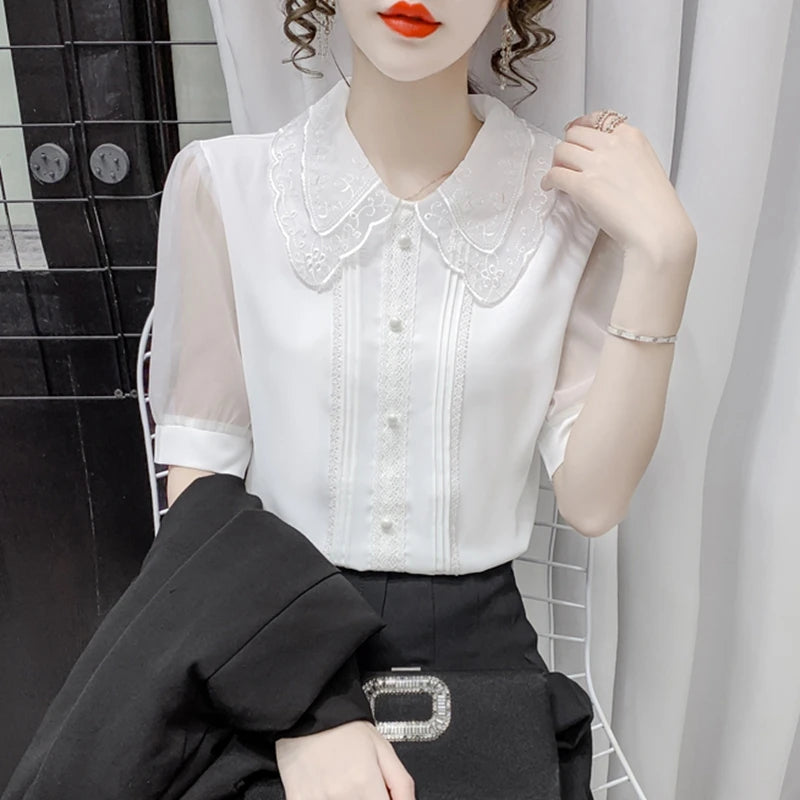 Vintage Summer Chiffon Blouses Women 2024 Elegant Fashion White Blusas Mujer Beading Sexy Puff Sleeve Casual Ladies Tops Shirts