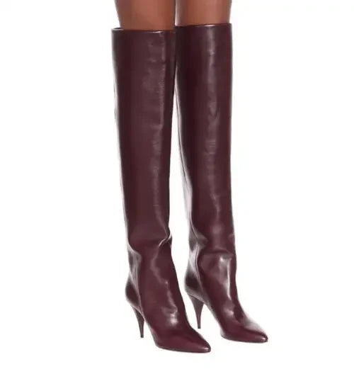 New Woman Black Burgundy Cow Suede Spike Heels Thigh Boots Female Pointed Toe Sexy Pleated Slip On Tube Over The Knee Long Boots