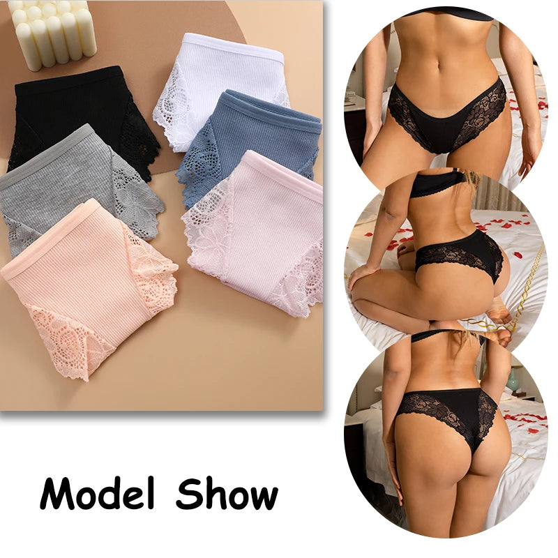 FINETOO 3Pcs Cotton Briefs Sexy Lace Underwear Transparent Lace Panties For Women Cotton Crotch Panty Stretch Lingerie Lady Pant