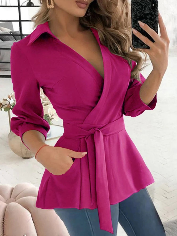 Autumn Long Sleeve Print Belt Shirt For Women New Sexy V-neck Slim Blouses And Tops 2023 Office Ladies Shirts Elegant Clothing