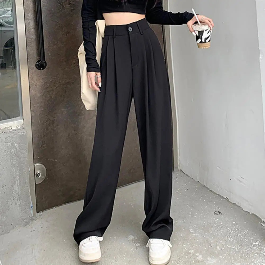 Women Wide Leg Dress Pants High Waist Button Zipper Fly Casual Trousers With Pockets Solid Color Office Lady Long Pants Workwear