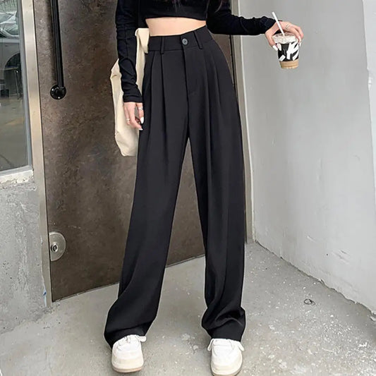 Women Wide Leg Dress Pants High Waist Button Zipper Fly Casual Trousers With Pockets Solid Color Office Lady Long Pants Workwear