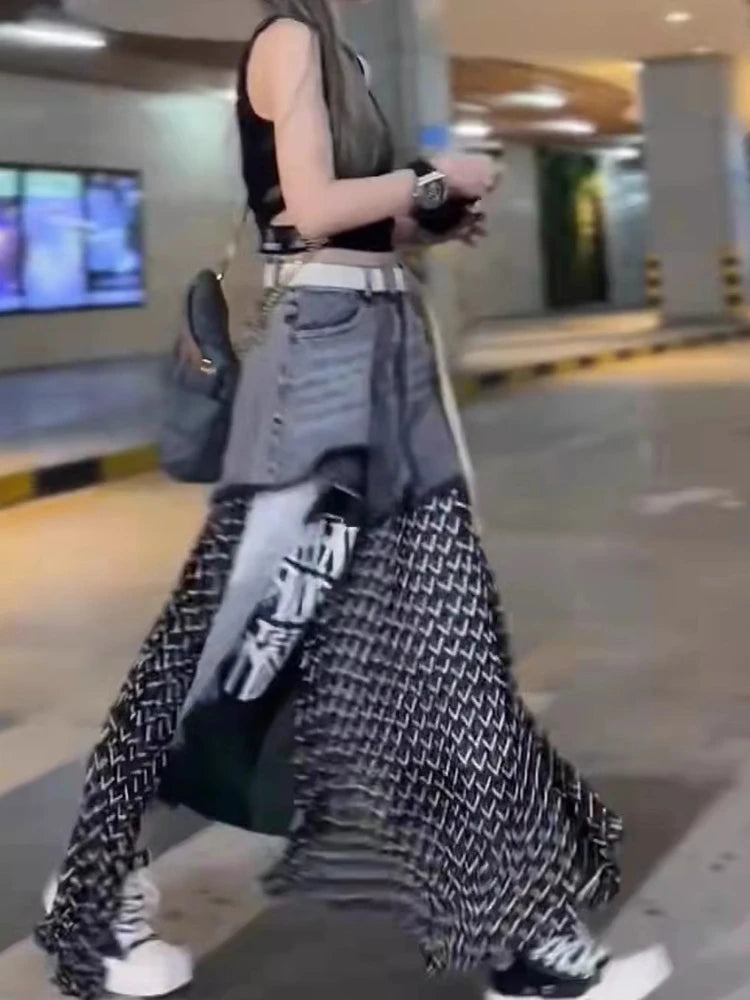 2024 High Waisted Printed Patchwork Denim Skirt Women's Spring Summer Washed Loose Fashion Contrasting Casual A-Line Dress Tide