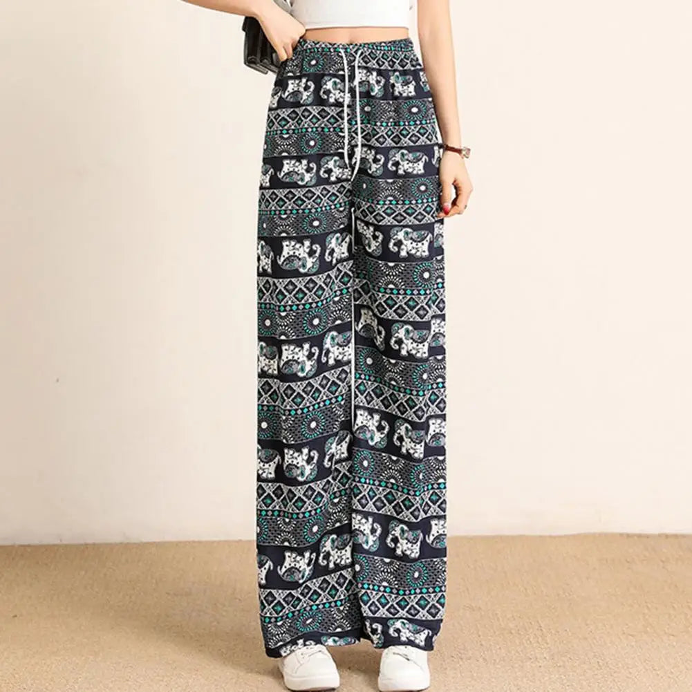 Retro Elephant Print Straight Wide Leg Pants Long Pants Thin Lady Slacks Soft Sweat Absorbing Oversized Casual Pants Loose Pants