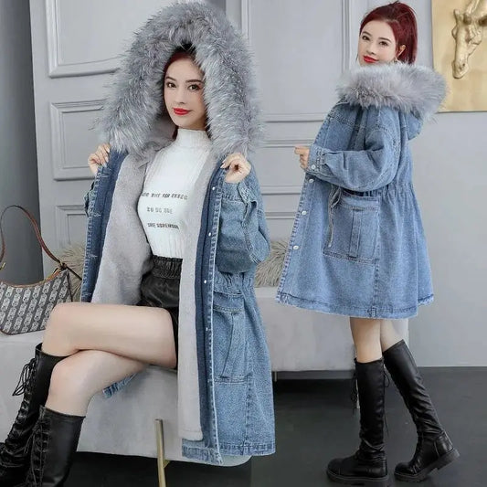 Women Jeans Coat 2024 New Winter Coat Thick Wool Denim Jacket Korea Loose Fur Collar Hooded Long Clothes Female Outerwear R375