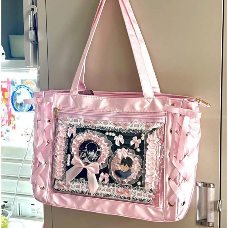 JIAERDI Sweet Lolita Pink Ita Bag Women Japanese Transparent Large Capacity Tote Bag Ladies Harajuku Kawaii Handbag Aesthetic