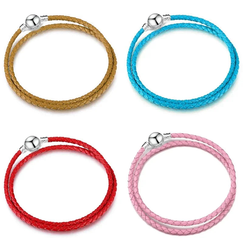 Double Circle Bilayer Round Buckle Leather Rope Bracelet Ladies Multicolor PU Basic Chain Fit Origina Pandora DIY Fine Jewelry