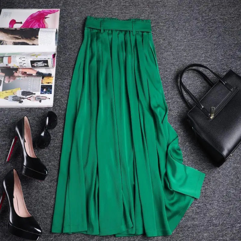 Temperament  Lady Long Skirt Green Belt High-waisted Loose A-Line Skirt Spring/Summer Elegant Office Commuting Women's Clothing