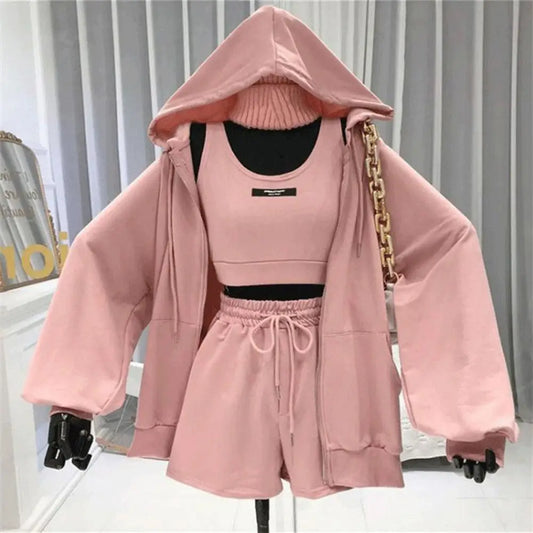 Casual Vest Hoodie Shorts Outfit Set Sweatshirt Shorts Set with Pocket Women Short Jacket Crop Top Shorts 3-piece Activewear Set