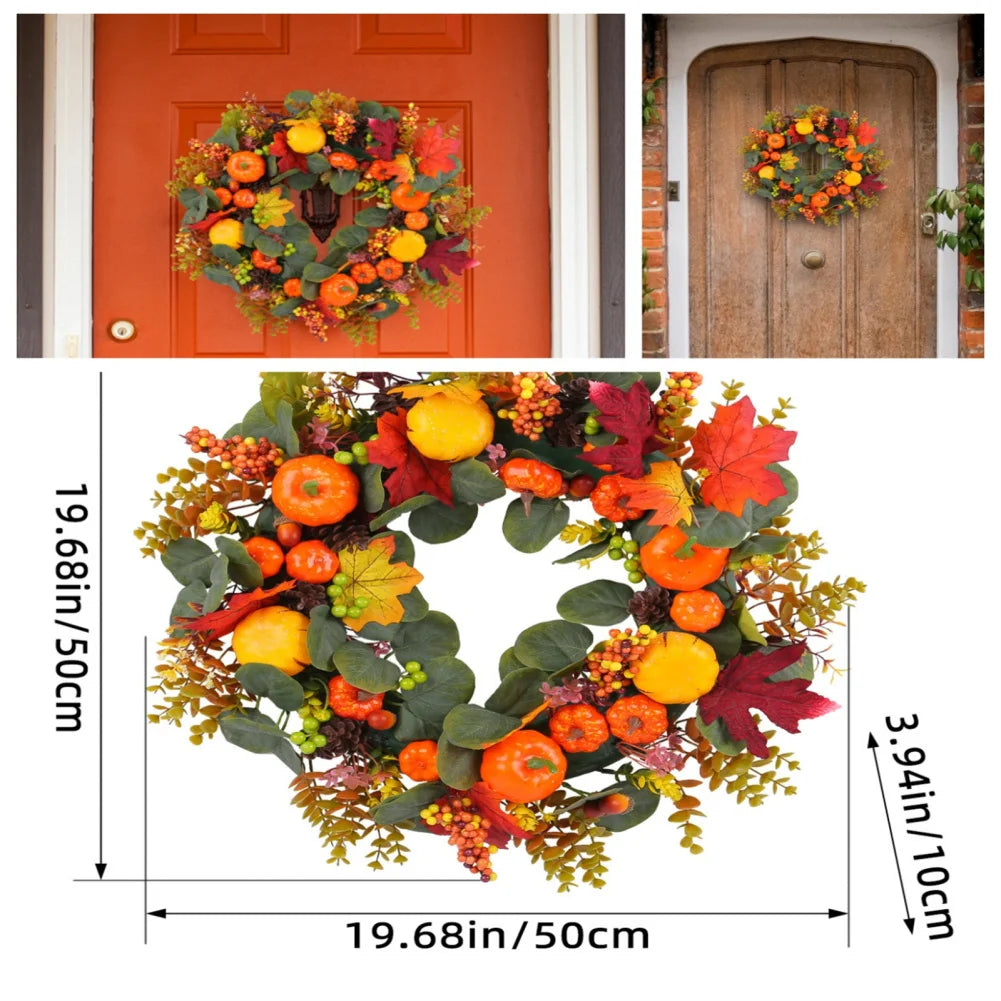 Fall Wreath Artificial Pumpkin Wreaths Wall Hanging, Farmhouse Fall Decorations Eucalyptus Leaves Plump Berries For Harvest