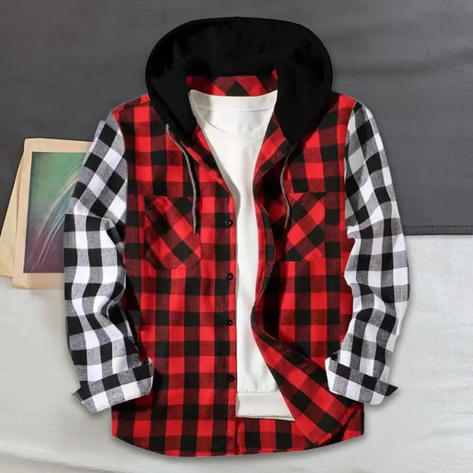 Hooded Shirt Jacket Plaid Pattern Long-sleeve Shirt Men's Plaid Print Hooded Shirt Coat with Adjustable Drawstring for Fall