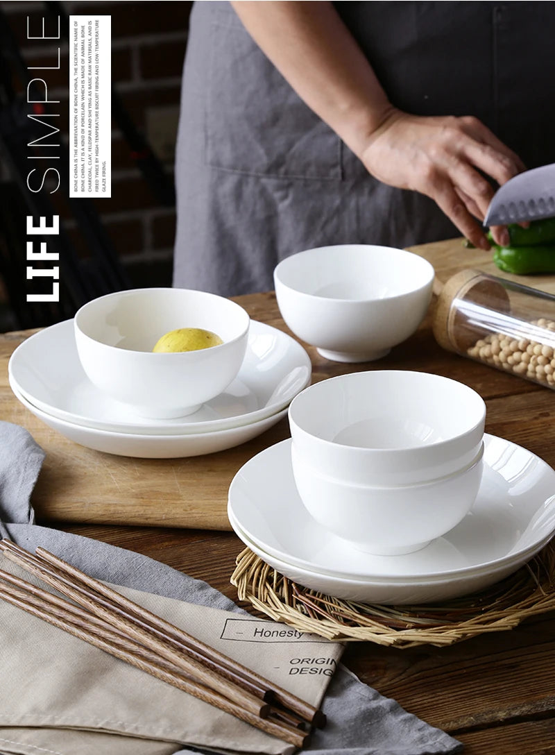 12pcs/lot, Plain White Bone China Dinner Plates and Bowl, Porcelain Food Container, Dinnerware Set Servies, Ceramic Soup Bowl