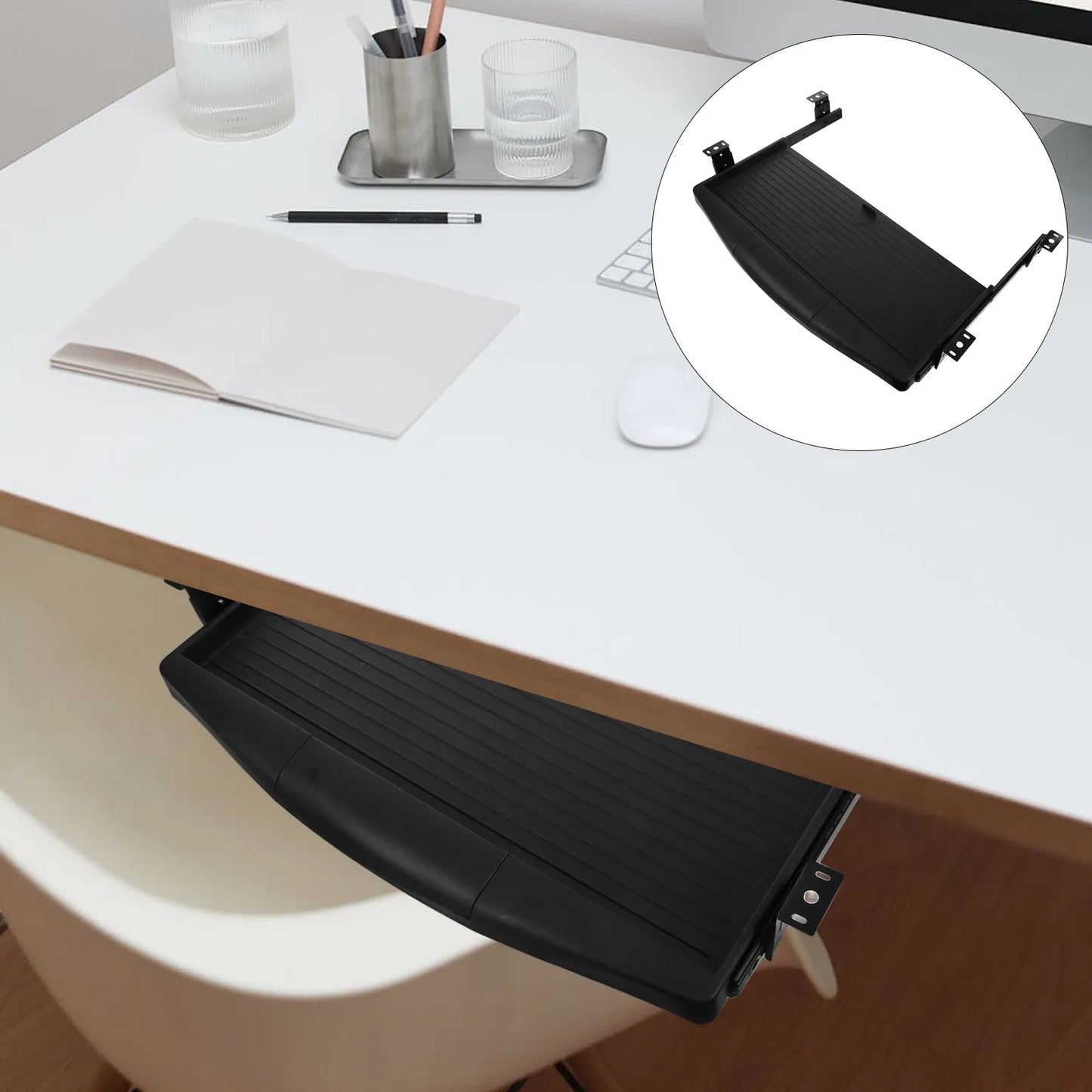 Slide Computer Keyboard Adjustable Stand Office Mouse Platform Tray Drawer with Pen Box Rotating Position under Desk Pull Out