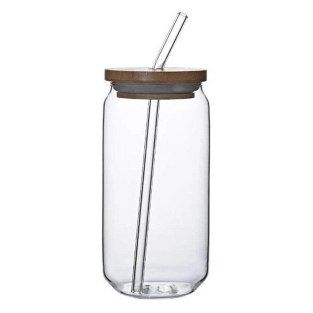 Drinking Glasses with Bamboo Lids and Glass Straw Can Shaped Glass Cups Beer Glasses Iced Coffee Tumbler Cup