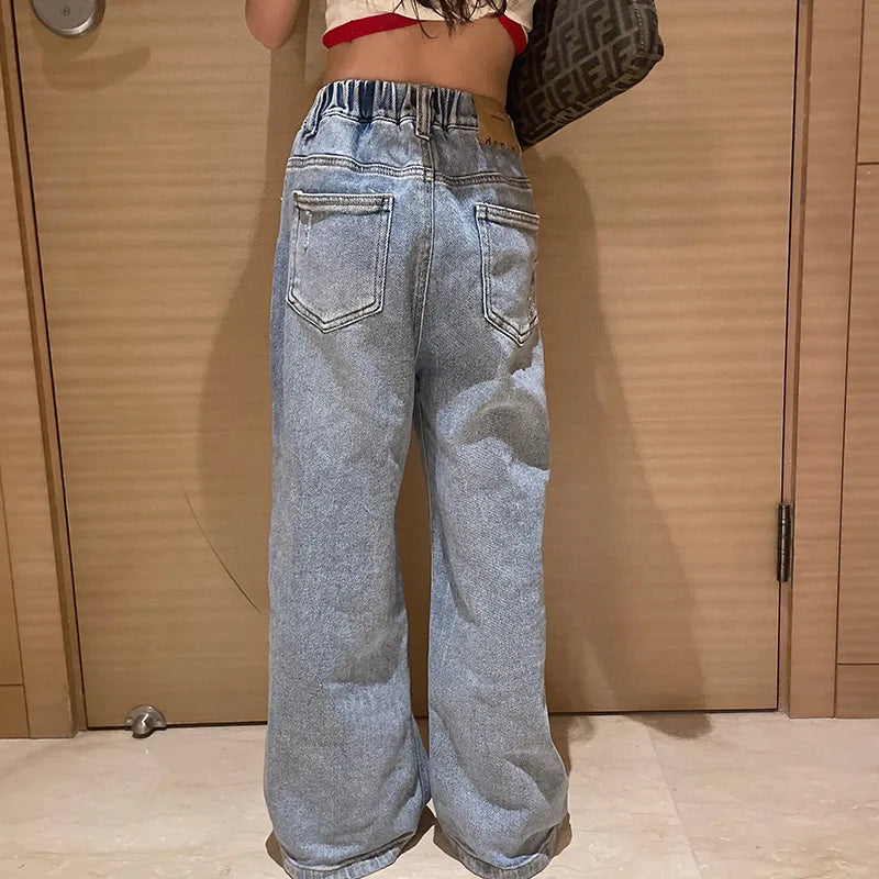 Teenage Girls Jeans Spring/Autumn Casual Fashion Loose Ripped Hole Kids Retro Korea Pants School Children Trousers 6 8 10 12 14Y