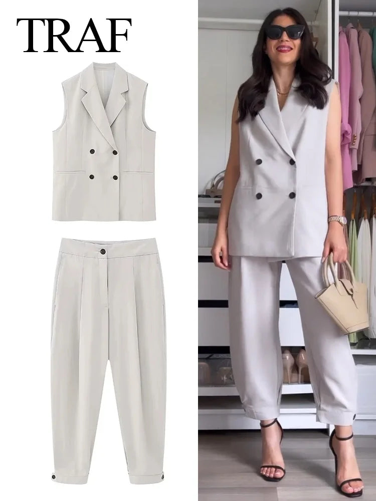 TRAF 2023 Trend New Women Fashion Suits Back Slit Lapel Tops + With Button Decoration High Waist Office Lady Mujer Long Pants