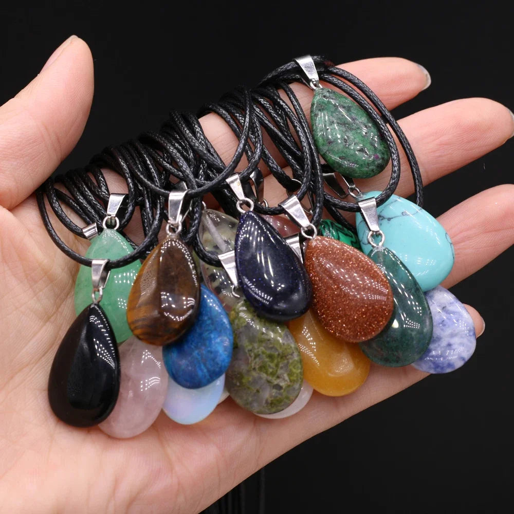 1PC Natural Tiger Eye Stone Crystal Agat Pendant Necklace Water Drop Shape Malachite Charms Ladies Necklaces Jewelry Gift