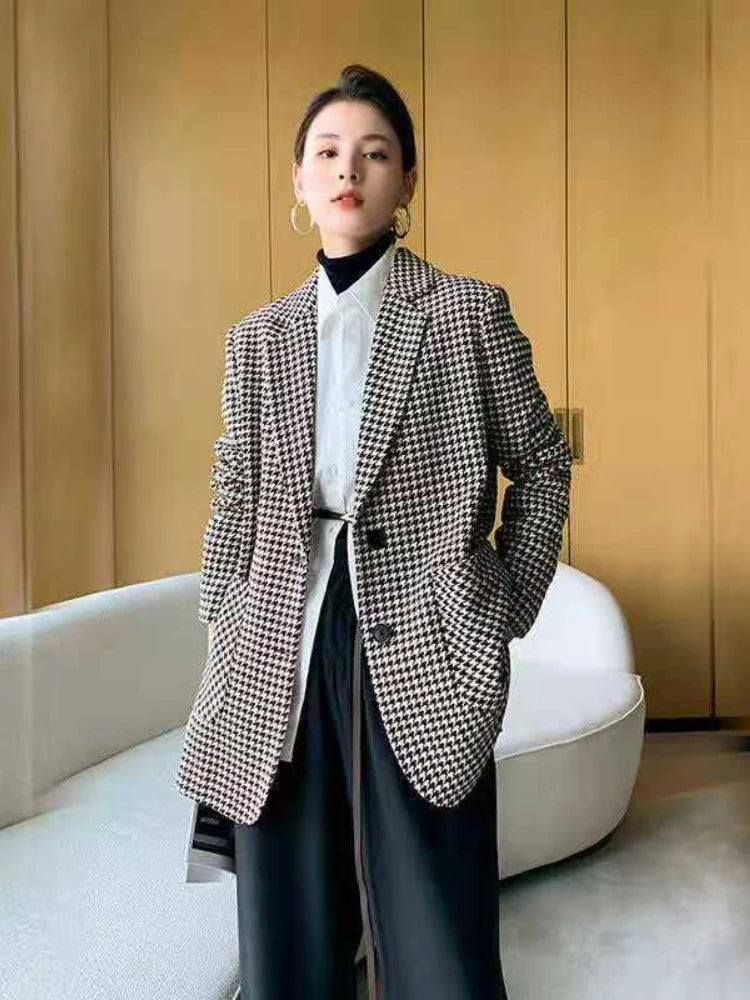 Korean Fashion Coats Chic Elegant Woman Jacket Autumn New In Office Lady Casual Plaid Belt Oversize Blazer Women Clothing