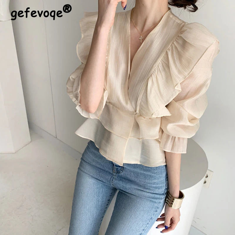 Women Vintage Ruffles Design Elegant Blouse Autumn Fashion V Neck Chic Chiffon Shirts Solid Long Sleeve Gothic Tops Slim Blusas