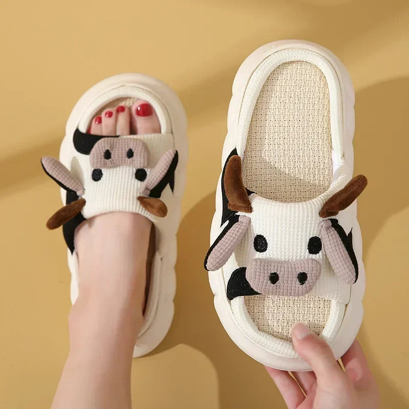 Ladies Home Slippers Linen Comfortable, Soft and Lightweight Cotton Slippers Cute Cartoon Cow Couple Slippers Shoes for Women