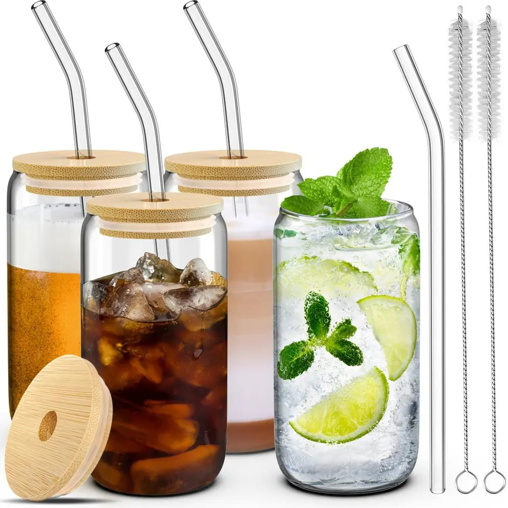 Drinking Glasses with Bamboo Lids and Glass Straw 6pcs Set 16oz Can Shaped Glass Cups Beer Glasses Iced Coffee Tumbler Cup