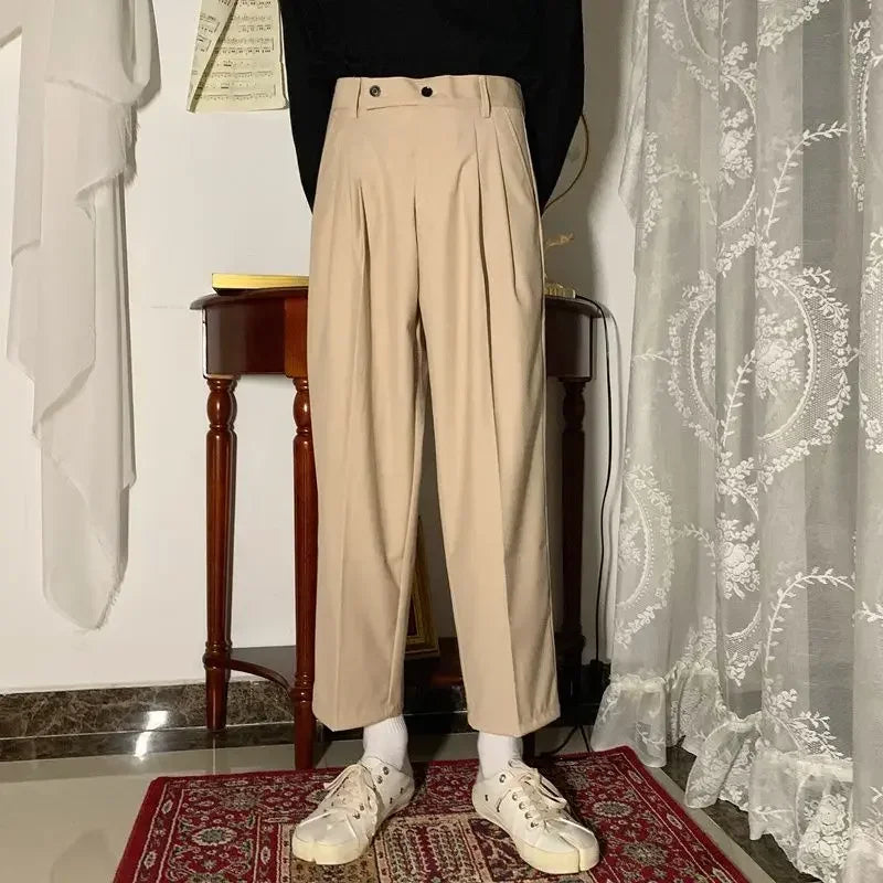 9 Cropped Men's Summer Pants Wide Leg Baggy Male Suit Trousers 2024 Slacks Stylish Work Wear Dress Vintage Luxury Tailoring Up