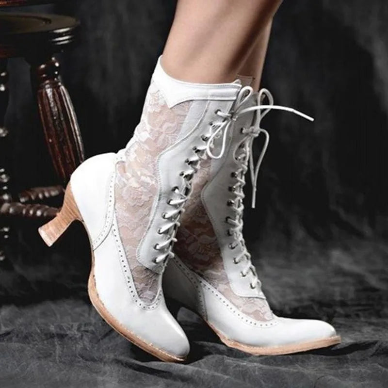 Vintage Women's Ankle Boots Victorian Pointed Toe Mid-Calf Boots for women elegant Pu Lace Up boot Spliced Ladies High Heel Shoe