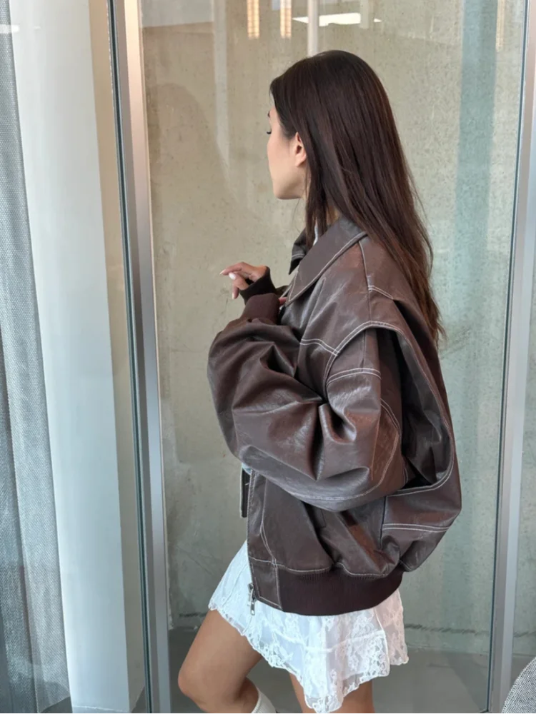 Chic Contrast Stitch Zipper Leather Jacket For Women Fashion Lapel Long Sleeves Cropped Bomber Coat 2024 Lady Street Outerwear