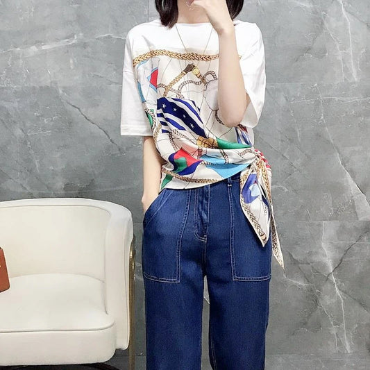 Design Casual Short Sleeve Blouses Korean Top News 2023 Korean Fashion Lacing Temperament Streetwear Printing Women's Clothing