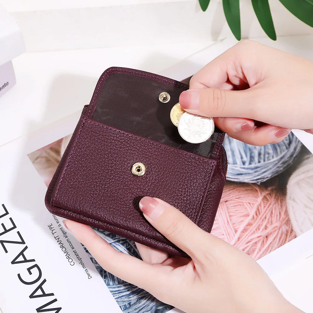 2023 New Genuine Leather Women Mini Wallet Ladies Short Wallets and Purses Zipper Leather Coin Purse Keychain Coins Pocket Bag