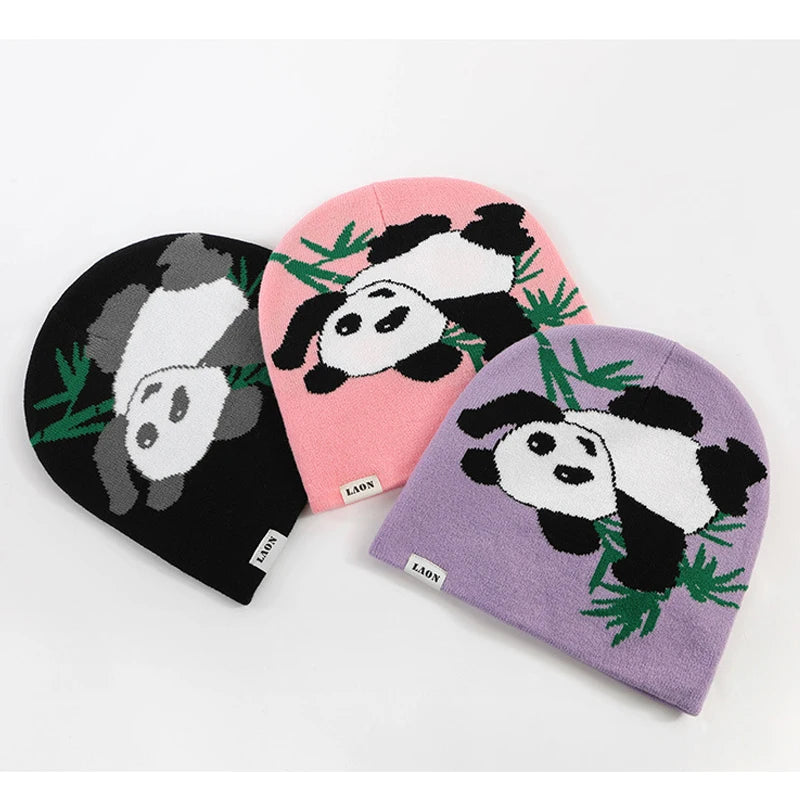 Cute Panda Beanies for Women Girls Autumn Winter Knit Hats Teens Skullies Cap Bonnets Pink Purple Black Y2K Streetwear