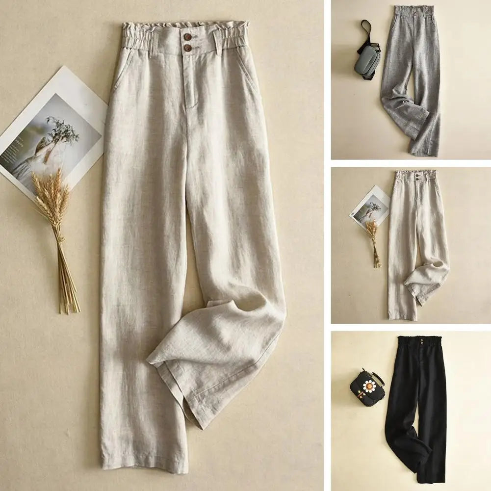 Women Pants High Waist Bud Elastic Waistband Lady Slacks Buttons Fly Pockets Full Length Office Trousers Lady Wide Leg Trousers