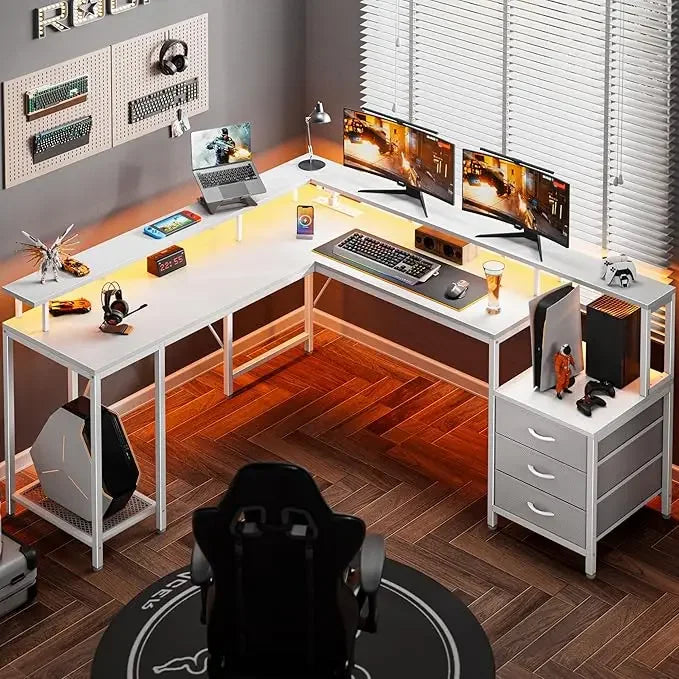 L Shaped Gaming Desk with LED Lights and Power Outlets, Computer Desk with 3 Drawers, 66.1 Inches Corner Desk