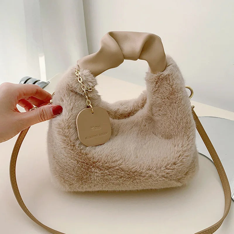 Women Faux Fur Handbags Zipper Small Lady Shoulder Bag Casual Tote Half-Moon Hobos Winder Crossbody Bag For Traveling Shopping