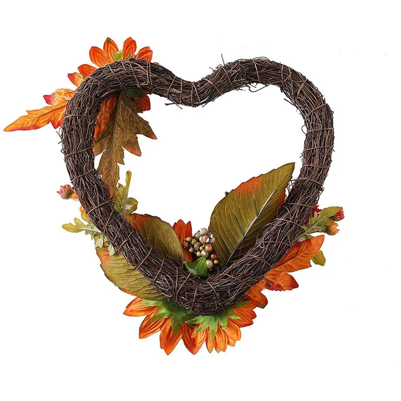 Artificial Fall Wreath For Front Door Porch, Autumn Wreath With Heart Shaped Sunflower Pumpkin Gourd Maple Leaves