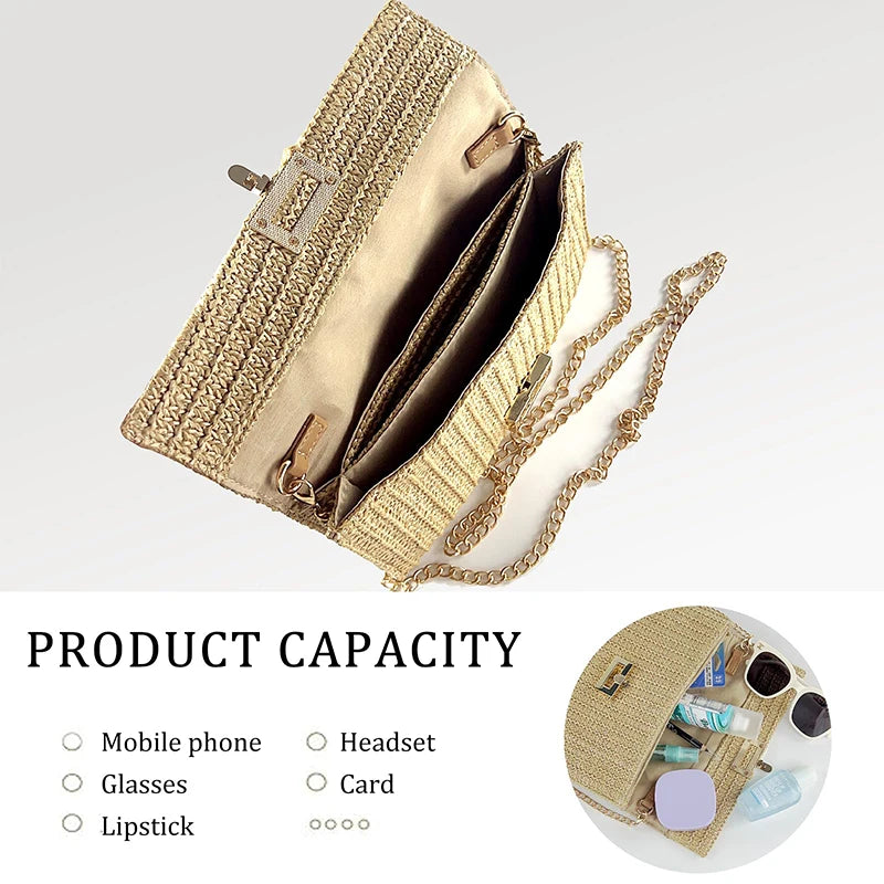 Straw Envelope Evening Party Handbag Fashion Women Weave Pattern Gold Clutch Messenger Purses Lady Daily Commuting Wallet Bags