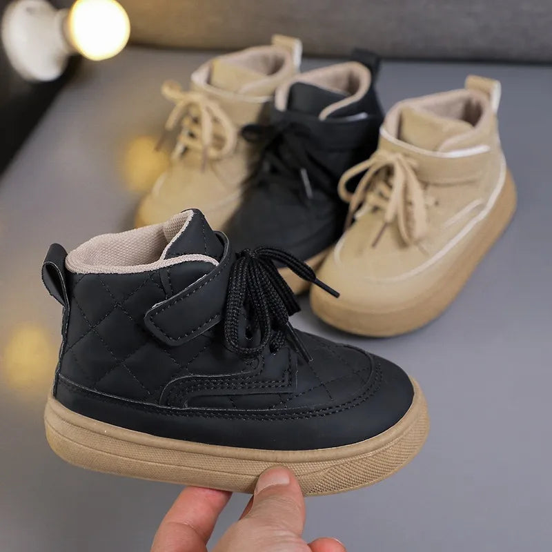 Children Leather Boots High Top Autumn Winter New Sneakers Boys Shoes Casual Shoes Lace Up Fashion Chunky Sneakers for Kids