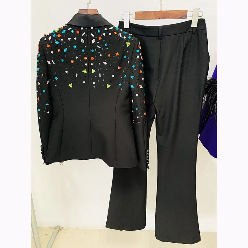 Blazer Suit Set for Ladies Classic Black Exquisite Beads Fashion Design Women Street Two Pieces Pants Quality Outfits