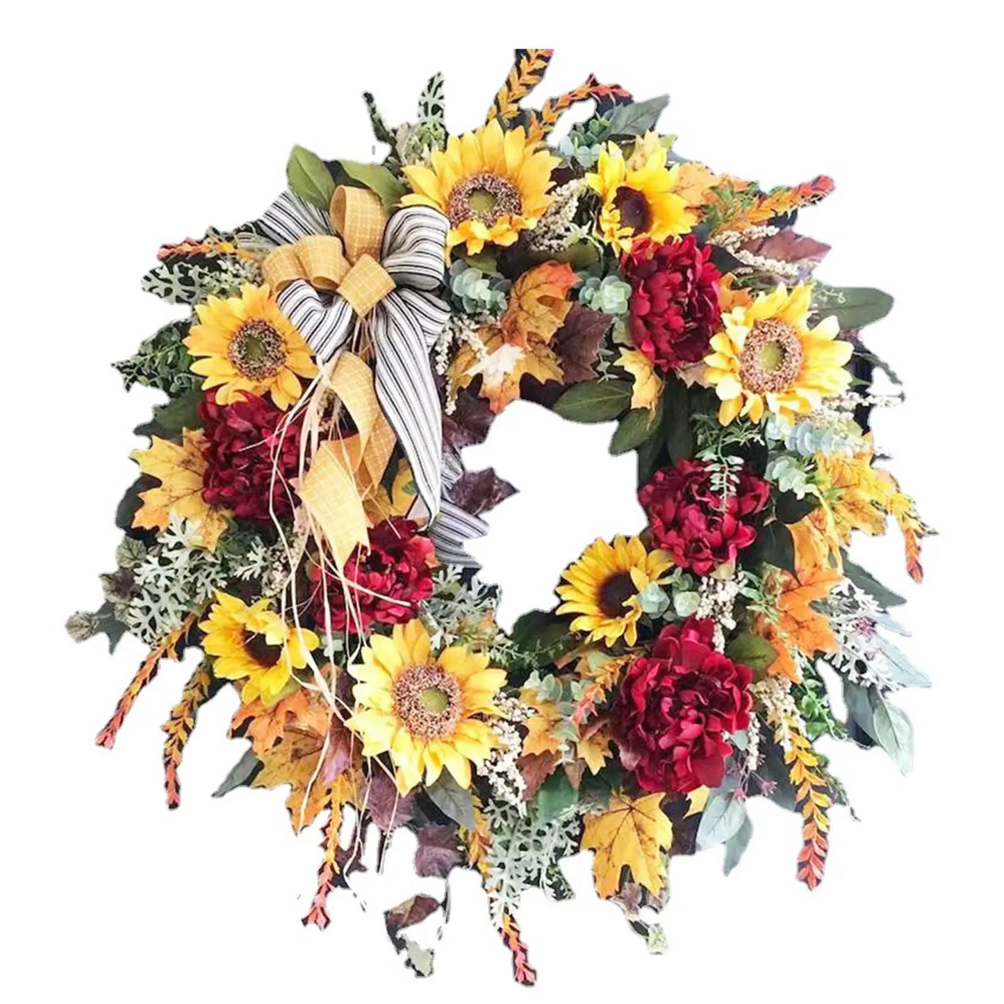 48CM Fall Wreath for Front Door with Sunflowers Autumn Decoration for Farmhouse Door Window Porch Harvest Halloween Thanksgiving