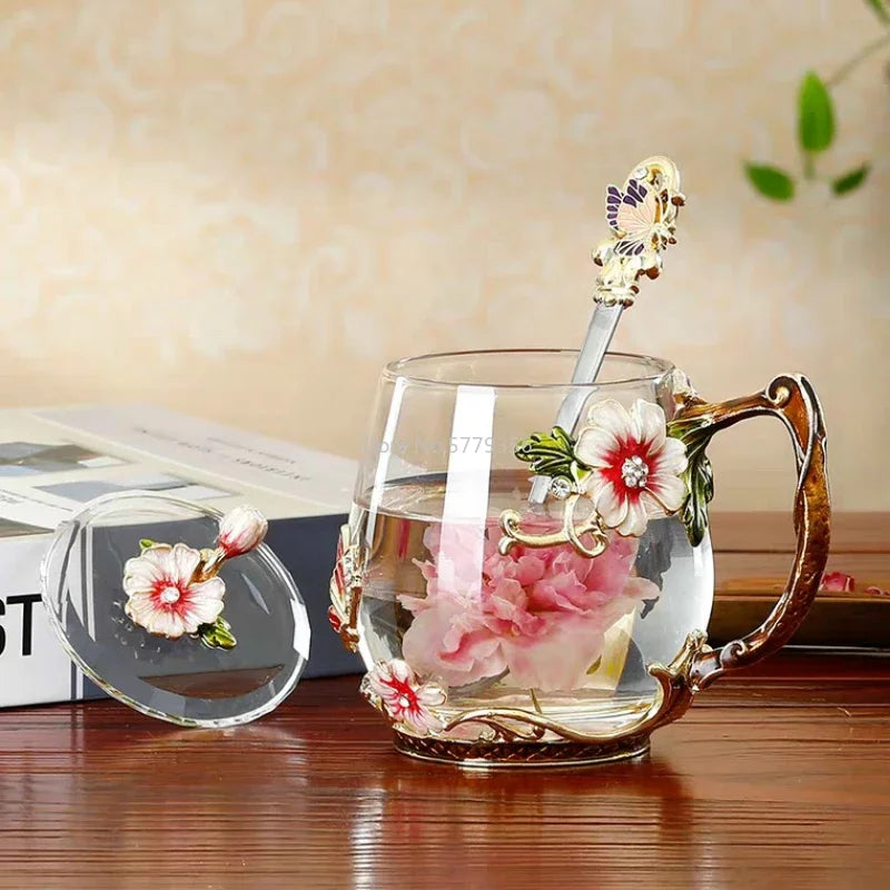 Beauty and Novelty Enamel Coffee Cup Mug Flower Tea Glass Cups for Hot and Cold Drinks Tea Cup Spoon Set Perfect Wedding Gift