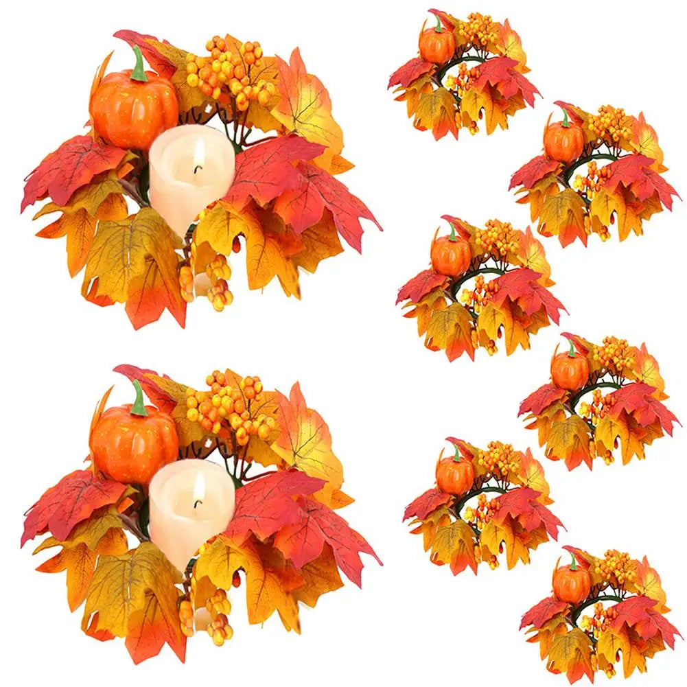 2 Pack Fall Candle Rings Wreaths 11" Artificial Maple Leaves And Berries Candle Rings For Farmhouse Halloween Table Decor