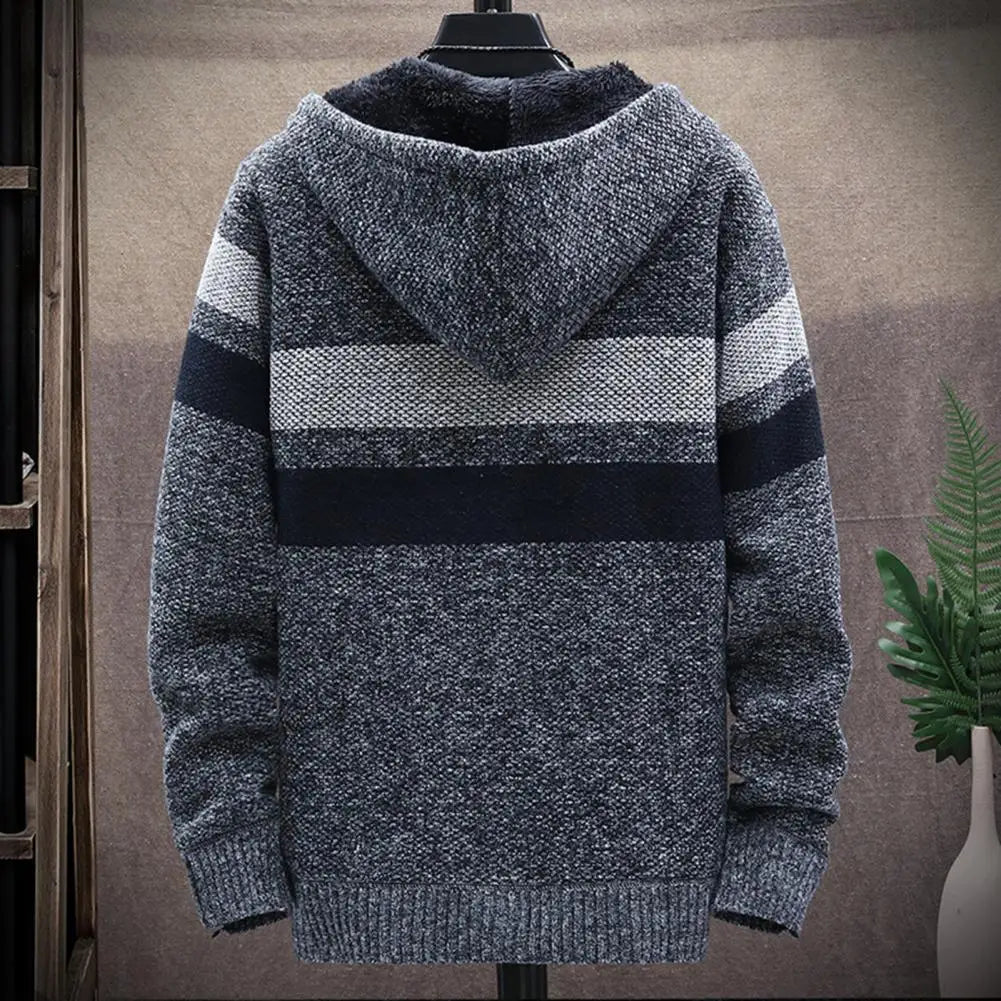 Men‘s Hooded Cardigan Knitted Sweater Winter Thick Fleece Warm Casual Knitwear Coat Solid Color Cardigan Men Winter Sweater