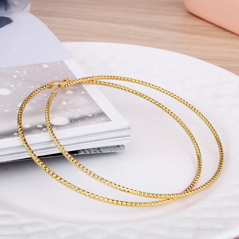 Hgflyxu Gold Color Stainless Steel Big Large Hoop Earring for Women Chinese Design Ladies Ear Fashion Jewelry Party High Quality