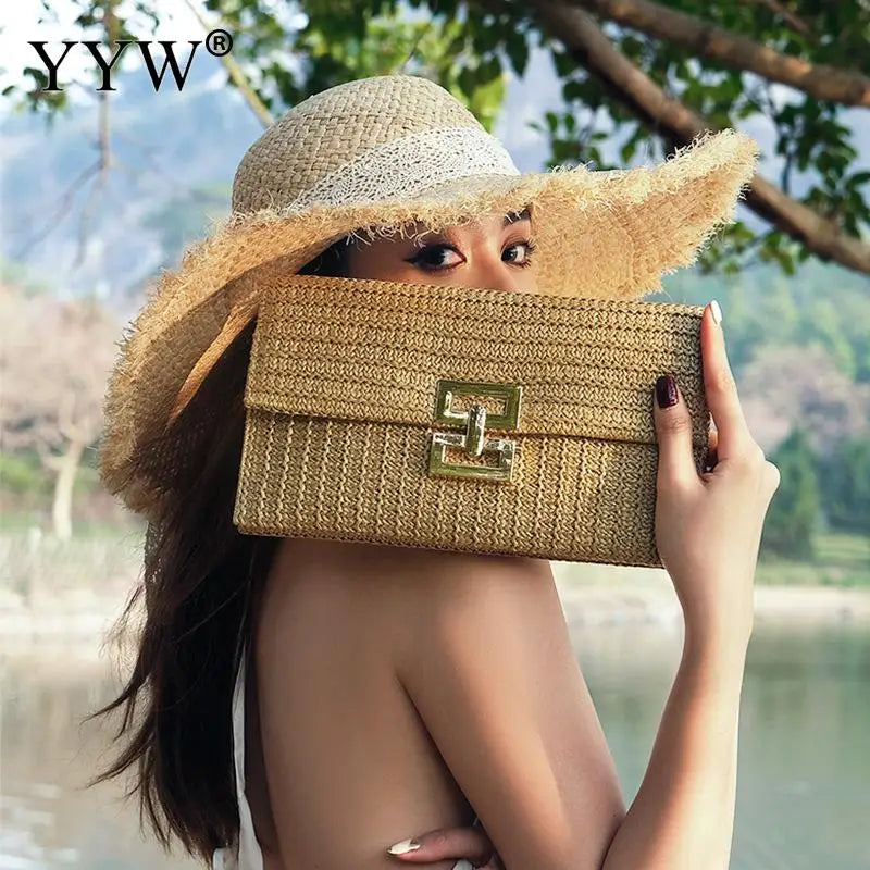 Straw Envelope Evening Party Handbag Fashion Women Weave Pattern Gold Clutch Messenger Purses Lady Daily Commuting Wallet Bags