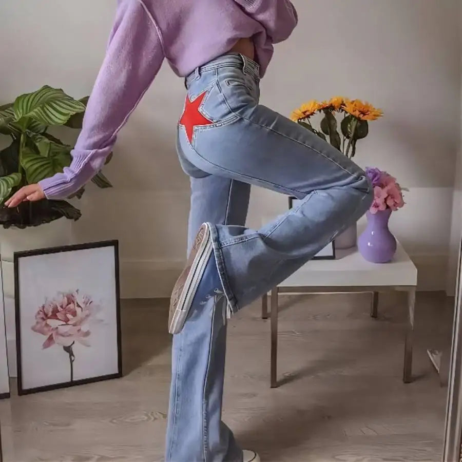 Vintage Star Print High Waist Jeans Women Harajuku 90s Aesthetic Denim Long Trousers Ladies Streetwear Outfits Straight Pants