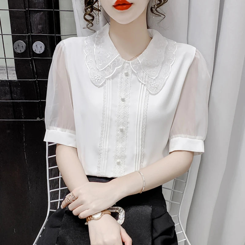 Vintage Summer Chiffon Blouses Women 2024 Elegant Fashion White Blusas Mujer Beading Sexy Puff Sleeve Casual Ladies Tops Shirts