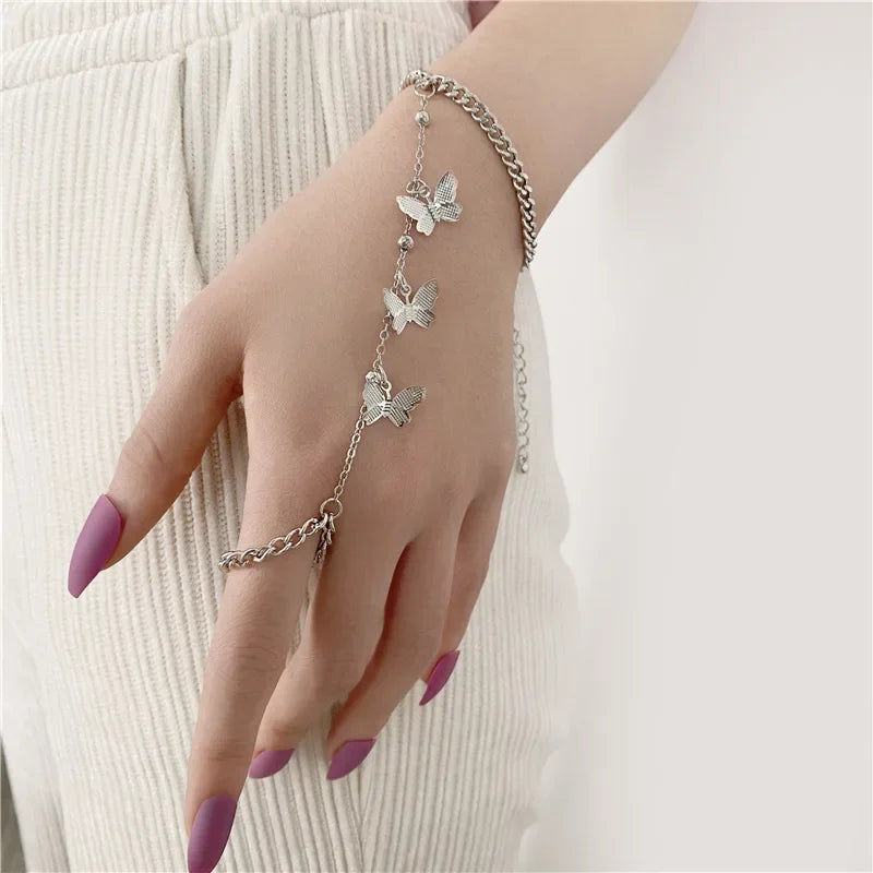 Boho Butterfly Slave Bracelet Ladies One-Piece Gold Color Chain Finger Ring Bracelet Women Girls Summer Beach Jewelry