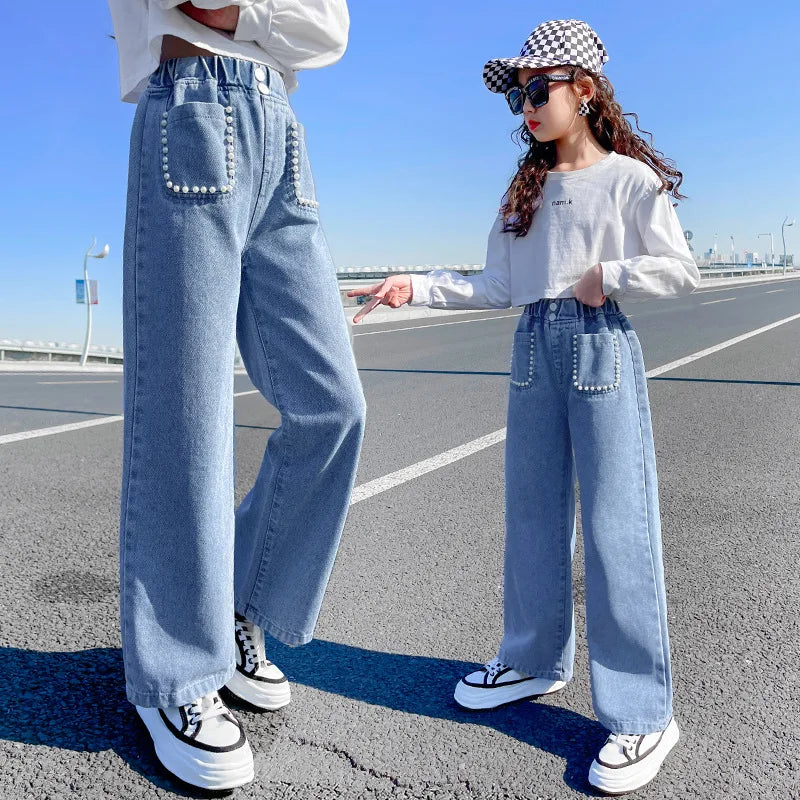 Spring and Autumn Fashion Big Children Trousers Western Style Girls Pearl Round Bag Cowboy Wide Leg Pants Teenage Denim Pants