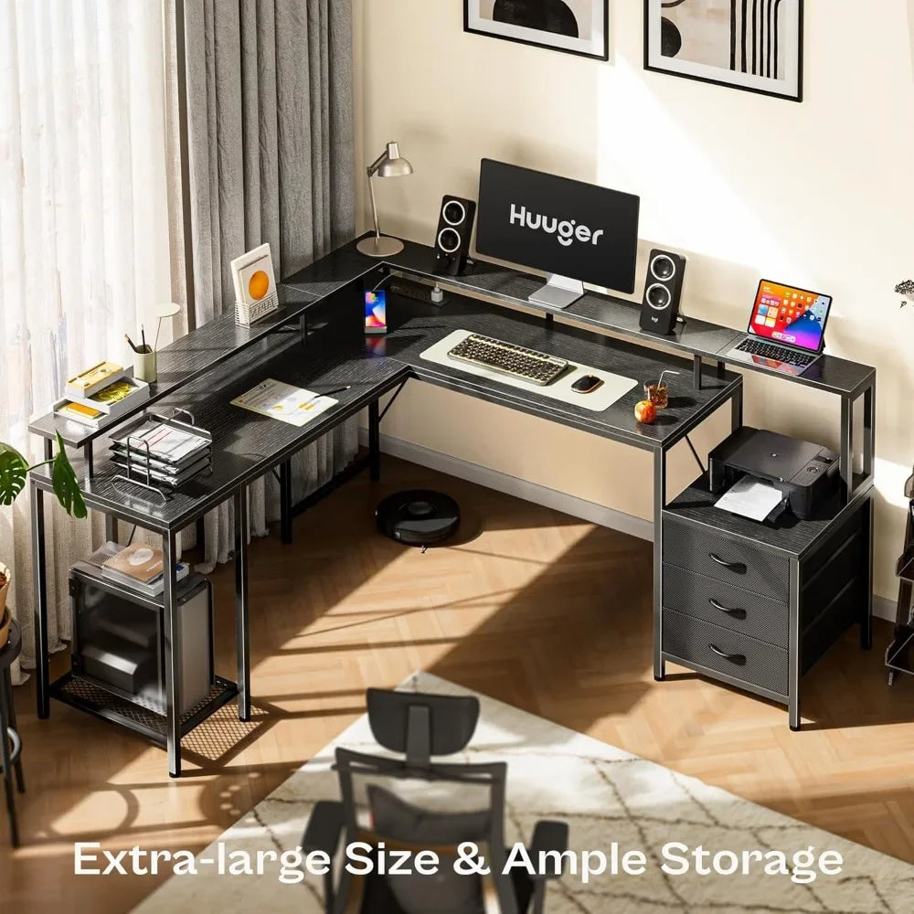 L Shaped Gaming Desk with LED Lights and Power Outlets, Computer Desk with 3 Drawers, 66.1 Inches Corner Desk